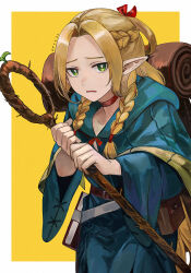 Rule 34 | 1girl, backpack, bag, blonde hair, blue capelet, blue robe, braid, capelet, choker, dungeon meshi, elf, green eyes, halfling, holding, holding staff, hood, hooded capelet, looking at viewer, marcille donato, melundago, pointy ears, robe, simple background, solo, sprout, staff, twin braids