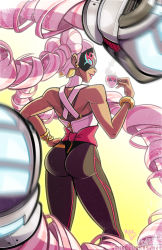 Rule 34 | 1girl, @ @, aqua eyes, arms (game), ass, back, bare shoulders, between buttocks, black pants, blue eyes, bracelet, cowboy shot, cup, dark-skinned female, dark skin, earrings, eyelashes, female focus, food, gradient background, hand on own hip, holding, holding cup, holding food, jewelry, leggings, lips, lipstick, long hair, looking at viewer, looking back, makeup, mask, mike luckas, multicolored hair, nintendo, pants, pink hair, red lips, skin tight, solo, standing, steam, tea, twintails, twintelle (arms), two-tone hair, very long hair, white background, white hair, yellow background