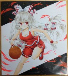 Rule 34 | 1girl, alternate costume, ball, basketball, basketball (object), black background, bow, breasts, cleavage, commentary, commission, english commentary, fujiwara no mokou, hair bow, highres, long hair, looking to the side, medium breasts, parted lips, photo (medium), rano (u rano), red eyes, red footwear, red shirt, red shorts, second-party source, shirt, shorts, sleeveless, sleeveless shirt, solo, touhou, traditional media, two-tone background, very long hair, white background, white bow, white hair, wristband