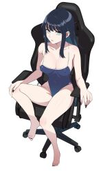 Rule 34 | 1girl, barefoot, black eyes, blue eyes, blue one-piece swimsuit, breasts, chair, cleavage, commentary request, competition school swimsuit, covered navel, full body, gaming chair, highres, kooka kenji, large breasts, legs, looking at viewer, nail polish, one-piece swimsuit, original, school swimsuit, sidelocks, simple background, sitting, solo, swimsuit, swivel chair, toenail polish, toenails, toes, virtual youtuber, white background