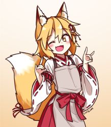 Rule 34 | 1girl, ;d, animal ear fluff, animal ears, apron, artist name, blonde hair, blush, commentary, double fox shadow puppet, fang, flower, fox ears, fox girl, fox shadow puppet, fox tail, gradient background, hair between eyes, hair flower, hair ornament, japanese clothes, lirilias, miko, one eye closed, open mouth, ribbon-trimmed sleeves, ribbon trim, senko (sewayaki kitsune no senko-san), sewayaki kitsune no senko-san, short hair, simple background, skin fang, smile, solo, tail, wide sleeves, yellow eyes