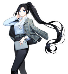 Rule 34 | 1girl, adjusting hair, alternate hair color, bag, belt, belt bow, black hair, black pants, black ribbon, blue eyes, blue shirt, bow, business suit, closed mouth, closers, collared shirt, cowboy shot, dress shirt, floating hair, formal, grey bag, grey belt, grey bow, grey jacket, hair ribbon, hand in own hair, hand up, highres, holding, holding bag, id card, jacket, jacket on shoulders, lanyard, long hair, long sleeves, looking at viewer, office lady, official art, pant suit, pants, plaid, plaid jacket, ponytail, ribbon, shirt, shirt tucked in, solo, suit, suit jacket, very long hair, violet (closers), walking, watch, white background, women&#039;s wallet, wristwatch