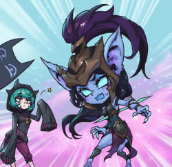 Rule 34 | 2girls, alternate ears, alternate form, armor, bare shoulders, barefoot, black hair, black hoodie, blue skin, chibi, colored sclera, colored skin, commentary request, feet out of frame, green hair, green sclera, helmet, hood, hood up, hoodie, kalista, league of legends, long hair, multicolored background, multiple girls, open mouth, pants, phantom ix row, pink pants, pointy ears, short hair, standing, star (symbol), vex (league of legends), vex shadow (league of legends), yordle