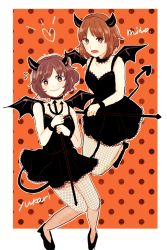 1girl absurdres akiyama_yukari arai_ako black_choker black_dress black_footwear black_wings boots bright_pupils brown_eyes brown_hair character_name choker closed_mouth commentary demon_horns demon_tail demon_wings dress fishnet_pantyhose fishnets floating flying_sweatdrops frown girls_und_panzer halloween_costume heart high_heel_boots high_heels highres holding horns lace lace-trimmed_choker lace-trimmed_dress lace_trim legs_up looking_at_viewer messy_hair nishizumi_miho open_mouth orange_background outside_border pantyhose polearm polka_dot polka_dot_background short_dress short_hair sleeveless sleeveless_dress smile solo tail trident weapon white_pupils wings wristband