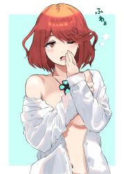 Rule 34 | 1girl, ;o, alternate costume, aqua background, armpit crease, blush, border, breasts, chest jewel, collarbone, hands up, highres, large breasts, long sleeves, looking at viewer, medium hair, navel, no bra, off shoulder, one eye closed, open clothes, open shirt, parted bangs, pyra (xenoblade), red eyes, red hair, shirt, single bare shoulder, solo, squeans, swept bangs, unbuttoned, unbuttoned shirt, underboob, upper body, white border, white shirt, xenoblade chronicles (series), xenoblade chronicles 2, yamame 012, yawning
