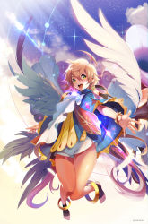 Rule 34 | 1girl, :d, blue cape, blue sky, bracelet, cape, cloud, dice of soul, full body, green eyes, jewelry, light brown hair, looking at viewer, nawol, official art, open mouth, outdoors, outstretched hand, sky, smile, solo, sunlight, watermark, white wings, wings