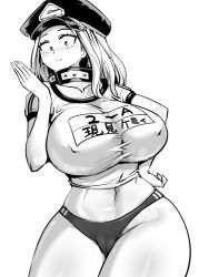 Rule 34 | 1girl, blush, boku no hero academia, breasts, buruma, cameltoe, chiroru (pixiv42406369), collarbone, greyscale, gym uniform, hand on own hip, hat, huge breasts, long hair, looking at viewer, midriff, monochrome, navel, short sleeves, solo, stomach, thick thighs, thighs, utsushimi kemii, white background, wide hips