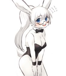Rule 34 | 1girl, :d, absurdres, animal ears, black bow, black bowtie, black leotard, blue eyes, borrowed character, bow, bowtie, breasts, cleavage, detached collar, fake animal ears, furry, furry female, glasses, highres, leotard, long hair, looking at viewer, open mouth, playboy bunny, ponytail, rabbit ears, rabbit girl, rabbit tail, simple background, sketch, smile, snout, solo, sookmo, tail, teeth, upper teeth only, white background, white fur
