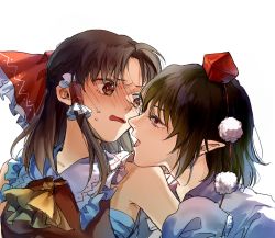 Rule 34 | 2girls, aihara-rina, ascot, black hair, blush, bow, brown eyes, brown hair, collared shirt, detached sleeves, eye contact, frilled bow, frilled hair tubes, frills, full-face blush, hair bow, hair tubes, hakurei reimu, hat, head on another&#039;s shoulder, head rest, highres, imminent kiss, looking at another, medium hair, multiple girls, neckwear request, open mouth, pointy ears, pom pom (clothes), red eyes, sarashi, shameimaru aya, shirt, short hair, sidelocks, sweat, tokin hat, touhou, yellow ascot, yuri