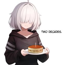 Rule 34 | 1girl, anniversary, arc 9 (mikoscrub), birthday cake, black hoodie, cake, candle, closed mouth, collarbone, commentary, covered eyes, english commentary, english text, food, grey hair, hair over eyes, hands up, highres, holding, holding plate, hood, hood down, hoodie, long sleeves, mikoscrub, original, plate, short hair, simple background, smile, solo, upper body, white background