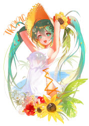 Rule 34 | 1girl, :d, absurdres, aqua eyes, aqua hair, armpits, arms up, beach, breasts, commentary, daisy, dress, flower, hair flower, hair ornament, hat, hatsune miku, hibiscus, highres, large breasts, leaf hair ornament, long hair, looking at viewer, open mouth, palm tree, panties, philodendron, red flower, sand, sideboob, sideless outfit, sidelocks, sleeveless, sleeveless dress, smile, solo, soyoong jun, straw hat, sundress, sunflower, symbol-only commentary, tree, twintails, underwear, very long hair, vocaloid, white flower, white panties, yellow flower, yellow hat