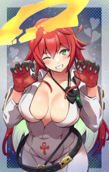 Rule 34 | 1girl, absurdres, black gloves, blush, bodysuit, breasts, broken halo, claw pose, cleavage, collarbone, cowboy shot, gloves, green eyes, guilty gear, guilty gear strive, halo, hashihiro ko, heart, highres, jack-o&#039; valentine, large breasts, long hair, looking at viewer, one eye closed, red gloves, red hair, smile, solo, two-tone gloves, white bodysuit, yellow halo