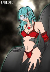 Rule 34 | 1990s (style), 1girl, blue hair, bra, final fantasy, final fantasy vi, green hair, jewelry, lingerie, lowres, mecha, navel, necklace, panties, retro artstyle, robot, solo, tina branford, underwear