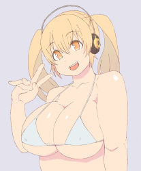 Rule 34 | 1girl, bikini, blonde hair, breasts, brown eyes, cleavage, covered erect nipples, large breasts, nitroplus, open mouth, plump, smile, solo, super pochaco, swimsuit, thick thighs, thighs, twintails, upper body, wide hips