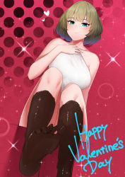 Rule 34 | 1girl, bare shoulders, blue eyes, blush, breasts, brown hair, chocolate, closed mouth, collarbone, feet, green eyes, hand on own chest, heart, heterochromia, highres, idolmaster, idolmaster cinderella girls, large breasts, looking at viewer, mole, mole under eye, red background, senju (snz0), short hair, sitting, solo, sparkle, takagaki kaede, toes, towel, valentine