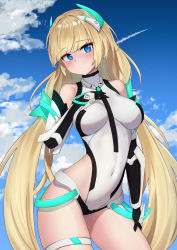 Rule 34 | 1girl, angela balzac, arm guards, bare shoulders, black gloves, blonde hair, blue eyes, blunt bangs, blush, breasts, closed mouth, contrail, contrapposto, covered collarbone, covered navel, cowboy shot, elbow gloves, gloves, hand on own chest, hand on own thigh, head tilt, headgear, highleg, highleg leotard, highres, large breasts, leotard, long hair, looking at viewer, low twintails, rakuen tsuihou, ru yan, skindentation, solo, sweatdrop, thigh strap, twintails, very long hair, white leotard