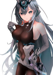 Rule 34 | 1girl, absurdres, azur lane, bare shoulders, bodystocking, breasts, covered navel, elbow gloves, gloves, grey eyes, grey hair, headgear, highres, huge filesize, impossible clothes, kerla, large breasts, looking at viewer, new jersey (azur lane), simple background, skin tight, white background, white gloves
