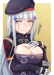 Rule 34 | 1girl, black gloves, black hat, blunt bangs, blush, breasts, cleavage, closed mouth, facial mark, girls&#039; frontline, gloves, goggles, goggles around neck, green eyes, hair ornament, hat, hiruno, hk416 (girls&#039; frontline), long hair, multicolored clothes, multicolored gloves, shiny skin, smile, solo, sweat, two-tone background, white background, white gloves, white hair, yellow background