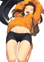 Rule 34 | 1girl, :d, ^ ^, absurdres, akisa yositake, anchor, arms up, backpack, bag, bike shorts, breasts, brown hair, closed eyes, groin, guilty gear, guilty gear strive, hat, highres, hip focus, holding, holding anchor, hood, hoodie, jumping, long hair, may (guilty gear), midriff peek, navel, open mouth, orange footwear, orange hat, orange hoodie, pirate, simple background, small breasts, smile, solo, tagme, thighs, white background