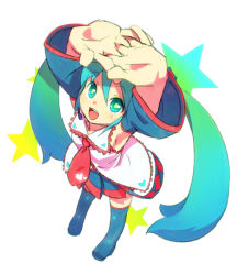 Rule 34 | 1girl, alternate color, aqua eyes, aqua hair, arms up, bad id, bad pixiv id, detached sleeves, from above, own hands clasped, hatsune miku, headset, long hair, mizuki kotora, necktie, open mouth, own hands together, skirt, smile, solo, thighhighs, twintails, very long hair, vocaloid