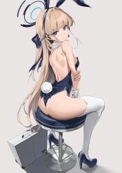 Rule 34 | 1girl, absurdres, animal ears, ass, back, bar stool, bare shoulders, bitterpain, black footwear, black leotard, blonde hair, blue archive, blue eyes, blue nails, breasts, detached collar, fake animal ears, fake tail, from behind, grey background, hairband, halo, high heels, highres, leotard, long hair, looking at viewer, looking back, pantyhose, playboy bunny, rabbit ears, rabbit tail, ribbon, shoes, simple background, sitting, small breasts, solo, stool, strapless, strapless leotard, suitcase, tail, thighhighs, thighs, toki (blue archive), toki (bunny) (blue archive), very long hair, wrist cuffs