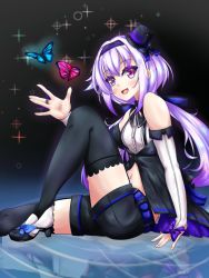 Rule 34 | .live, black thighhighs, blush, bug, butterfly, carro pino, commentary request, detached sleeves, hair between eyes, hat, headband, highres, insect, long hair, looking at viewer, low twintails, navel, open mouth, purple eyes, purple hair, shorts, solo, thighhighs, twintails, virtual youtuber, zegdos