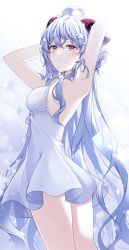 Rule 34 | 1girl, ahoge, arm behind head, armpits, arms up, blue hair, blush, breasts, commentary request, dress, flower, ganyu (genshin impact), genshin impact, hair flower, hair ornament, highres, horns, long hair, looking at viewer, low ponytail, mattang, medium breasts, parted lips, purple eyes, sidelocks, solo, standing, white dress, white flower