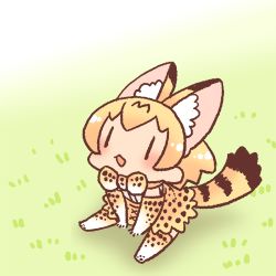 Rule 34 | 1girl, :3, animal ear fluff, animal ears, animal print, arm support, bad id, bad twitter id, between legs, bow, bowtie, chibi, elbow gloves, extra ears, full body, gloves, grass, hand between legs, inukoro (spa), kemono friends, looking away, lowres, no nose, open mouth, orange hair, outdoors, print bow, print bowtie, print gloves, print legwear, print neckwear, print skirt, serval (kemono friends), serval print, serval tail, short hair, sitting, skirt, solo, striped tail, tail, traditional bowtie, | |