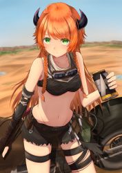 Rule 34 | 1girl, absurdres, arknights, bandeau, bare shoulders, binoculars, black gloves, black shorts, blue sky, braid, breasts, commentary, cowboy shot, croissant (arknights), cutoffs, day, elbow gloves, gloves, goggles, goggles around neck, green eyes, highres, hinataaoi (iraiuketsukechuu), holding, horns, huge filesize, long hair, looking at viewer, midriff, navel, orange hair, outdoors, short shorts, shorts, single glove, sky, small breasts, solo, standing, stomach, thigh strap, thighs, twin braids, very long hair