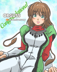 Rule 34 | 1girl, ahoge, anniversary, blush, bodysuit, brown hair, choujikuu seiki orguss, commentary request, emaan, english text, fingerless gloves, gloves, green eyes, happy, highres, jumpsuit, looking at viewer, mimsy raas, mutant, open mouth, orguss, prehensile hair, rodmate, science fiction, title, uniform