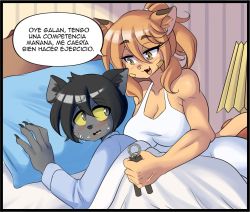 Rule 34 | 1boy, 1girl, :3, animal ears, bed, bedroom, black hair, breasts, cat ears, cat girl, cat tail, clenched hand, dress, fang, femdom, fingernails, furry, furry female, goya (lucyfer), highres, imminent penetration, imminent rape, large breasts, long hair, looking at another, looking back, lucyfer, muscular, muscular female, nail polish, naughty face, no bra, hugging object, on bed, open mouth, original, pajamas, parody, pillow, pillow hug, presenting, shiny clothes, short hair, simple background, smile, spanish text, sticker, tail, the simpsons, translation request, underwear, very long hair, white dress, wide hips