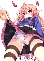 Rule 34 | 10s, 1girl, ahoge, animal print, bad id, bad pixiv id, blush, rabbit print, clothes lift, crescent, crescent hair ornament, from behind, from below, hair ornament, kantai collection, long hair, noto kurumi, panties, print panties, rabbit, rabbit panties, rabbit print, red eyes, red hair, skirt, skirt lift, solo focus, thigh strap, underwear, upskirt, uzuki (kancolle), white panties