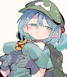 Rule 34 | 1girl, backpack, bag, beige background, black gloves, blue eyes, blue hair, blue shirt, breasts, cabbie hat, dutch angle, gloves, green bag, green hat, hair between eyes, hair bobbles, hair ornament, hat, impossible clothes, impossible shirt, kawashiro nitori, key, large breasts, massakasama, medium hair, shirt, short sleeves, simple background, solo, touhou, two side up, upper body