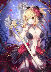 Rule 34 | 1girl, ahoge, alternate breast size, alternate costume, artoria pendragon (fate), blonde hair, breasts, caliburn (fate), death-the-cat, excalibur (fate/stay night), fate/unlimited codes, fate (series), flower, garter straps, green eyes, highres, holding, holding sword, holding weapon, large breasts, looking at viewer, navel, petals, ponytail, red flower, red rose, rose, rose petals, saber lily, solo, sword, weapon