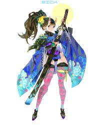 1girl absurdres arowana2111 black_hair highres holding holding_sword holding_weapon horns japanese_clothes katana long_hair original purple_eyes striped_clothes striped_thighhighs sword thighhighs thighs weapon