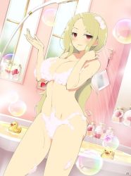 Rule 34 | 10s, 1girl, :d, bathtub, blonde hair, blush, breasts, bubble, convenient censoring, eyelashes, half-closed eyes, large breasts, long hair, looking at viewer, mole, mole under mouth, navel, nude, official art, open mouth, parted bangs, parted lips, red eyes, rubber duck, senran kagura, shiki (senran kagura), shower, smile, solo