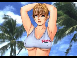 Rule 34 | 1girl, :d, animated, animated gif, aprel o&#039;gin, armpits, arms behind head, arms up, blonde hair, blue eyes, bouncing breasts, breasts, cleavage, clothes lift, clothes writing, cloud, covered erect nipples, crop top, day, english text, game cg, gif artifacts, grin, hair between eyes, large breasts, letterboxed, lips, lipstick, looking at viewer, makeup, midriff, naughty face, nipples, no bra, nude, open mouth, outdoors, photo background, public indecency, shirt lift, short hair, sky, smile, solo, taisen hot gimmick, tank top, tsukasa jun, underboob, undressing, upper body