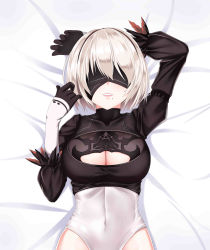 Rule 34 | 1girl, absurdres, arm up, bed sheet, black gloves, black hairband, black shirt, blindfold, blush, breasts, cleavage, cleavage cutout, clothing cutout, covered eyes, covered navel, cropped shirt, dress, feather-trimmed sleeves, feather trim, from above, gatari, gloves, hair over eyes, hairband, hand up, highleg, highleg leotard, highres, juliet sleeves, large breasts, leotard, long sleeves, looking at viewer, lying, medium breasts, mole, mole under mouth, nier (series), nier:automata, no pants, nose, on back, on bed, parted lips, pink lips, puffy sleeves, ribbon, ribbon-trimmed dress, ribbon trim, shadow, shirt, short hair, silver hair, skirt, unworn skirt, smile, solo, teeth, turtleneck, upper body, vambraces, white leotard, white ribbon, 2b (nier:automata)