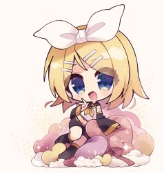 Rule 34 | 1girl, :d, absurdres, belt, belt buckle, black shorts, blonde hair, blue eyes, bow, buckle, chibi, commentary, detached sleeves, eyes visible through hair, full body, hair bow, hair ornament, hairclip, headset, heart-shaped pillow, highres, kagamine rin, leg warmers, misosiru 0224, navel, on pillow, open mouth, pillow, sailor collar, short hair, shorts, shoulder tattoo, simple background, smile, solo, stomach, tattoo, treble clef, v, vocaloid, white background, white bow, yellow belt, yellow sailor collar