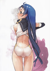 Rule 34 | 1girl, absurdres, ahoge, ass, back, bare shoulders, black gloves, blue eyes, blue hair, blush, branch (blackrabbits), elbow gloves, from behind, gloves, gradient hair, highres, huge filesize, kantai collection, long hair, looking at viewer, looking back, multicolored hair, one-piece swimsuit, open mouth, samidare (kancolle), scan, school uniform, serafuku, shirt, sleeveless, sleeveless shirt, solo, swept bangs, swimsuit, swimsuit under clothes, very long hair, white one-piece swimsuit, white serafuku
