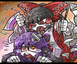 Rule 34 | 2girls, puff of air, @ @, abuse, angry, black hair, blunt bangs, blush stickers, bow, colored skin, crossed bandaids, crying, crying with eyes open, detached sleeves, gohei, grabbing another&#039;s ear, hair between eyes, hair bow, hair tubes, hakurei reimu, hand on another&#039;s ear, hatching (texture), letterboxed, linear hatching, long hair, multiple girls, on person, purple hair, red bow, red eyes, reisen udongein inaba, round teeth, suenari (peace), tears, teeth, touhou, white skin, wide sleeves