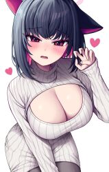 Rule 34 | 1girl, absurdres, animal ears, black hair, black pantyhose, blue archive, blush, breasts, cat ears, cleavage, cleavage cutout, clothing cutout, colored inner hair, fangs, hand up, heart, highres, kazusa (blue archive), large breasts, long sleeves, looking at viewer, metaljelly, multicolored hair, open mouth, pantyhose, pink hair, red eyes, ribbed sweater, simple background, solo, sweater, white background, white sweater