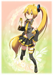 Rule 34 | 1girl, akita neru, blonde hair, boots, caffein, character name, detached sleeves, highres, long hair, navel, necktie, side ponytail, solo, thigh boots, thighhighs, vocaloid, yellow eyes, yellow necktie