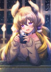 Rule 34 | 1girl, :d, bare shoulders, blonde hair, blurry, blurry background, blush, brown sweater, candle, collarbone, commentary request, cup, curled horns, depth of field, fangs, fire, hair between eyes, hands up, head tilt, holding, holding cup, horns, indoors, ittokyu, long hair, long sleeves, looking at viewer, low twintails, mug, off-shoulder sweater, off shoulder, open mouth, original, puffy long sleeves, puffy sleeves, purple eyes, signature, sleeves past wrists, smile, solo, steam, sweater, twintails, upper body, very long hair, window