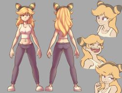 Rule 34 | 1girl, ass, back, blonde hair, breasts, character sheet, cosplay, creatures (company), expressionless, flat ass, freckles, game freak, gen 2 pokemon, hairband, laughing, nintendo, pants, pokemon, purple eyes, seductive smile, shoes, simple background, smile, standing, tank top, tomboy, tongue, umbreon, umbreon (cosplay)