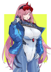 Rule 34 | 1girl, blue bodysuit, blue jacket, bodysuit, breasts, citron80citron, eyewear on head, girls&#039; frontline, headset, highres, jacket, large breasts, long hair, long sleeves, mole, mole under eye, open clothes, open jacket, pilot suit, pink hair, red eyes, sig mcx (crimson meteor) (girls&#039; frontline), sig mcx (girls&#039; frontline), solo, very long hair