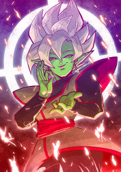 Rule 34 | 10s, 1boy, bad id, bad pixiv id, chinese clothes, colored skin, cowboy shot, dougi, dragon ball, dragon ball super, earrings, evil smile, fighting stance, fire, fused zamasu, goku black, gradient background, green skin, half-closed eyes, highres, jewelry, long sleeves, looking at viewer, male focus, pointy ears, potara earrings, shaded face, short hair, smile, solo, sparks, spiked hair, tetsuyo, upper body, white hair, zamasu