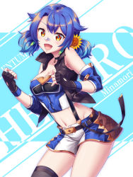 Rule 34 | 1girl, :d, bandage on face, bandages, bare shoulders, belt, belt buckle, black choker, black gloves, black jacket, black thighhighs, blue hair, blue shirt, blush, breasts, buckle, character name, choker, cleavage, collarbone, commentary request, contrapposto, cowboy shot, crop top, detached sleeves, fang, fingerless gloves, flower, gloves, groin, hair flaps, hair flower, hair ornament, hero channel, jacket, looking at viewer, medium breasts, midriff, mikannsisyou, minamori hero, navel, open clothes, open jacket, open mouth, shirt, short hair, short shorts, short twintails, shorts, sidelocks, single thighhigh, sleeveless, sleeveless jacket, smile, solo, standing, stomach, sunflower, sunflower hair ornament, suspender shorts, suspenders, thighhighs, twintails, v-shaped eyebrows, virtual youtuber, yellow eyes, zipper pull tab