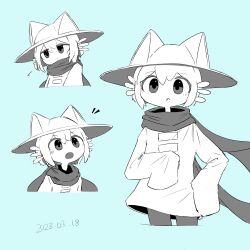 Rule 34 | 1other, absurdres, androgynous, animal ears, animal hat, black socks, cat ears, cat hat, hat, highres, blue background, long sleeves, monochrome, nervous, niko (oneshot), oneshot (game), open mouth, pungsun, scarf, slit pupils, socks, tunic, whiskers