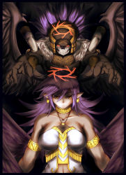 Rule 34 | 1boy, 1girl, armlet, bare shoulders, bracelet, breasts, choker, covered erect nipples, darklord ixchel, darklord tezcatlipoca, demon, demon girl, demon wings, dress, duel monster, earrings, fang, full body, gluteal fold, halo, head wings, jewelry, long hair, looking at viewer, multicolored clothes, multicolored dress, multiple wings, navel, open mouth, pointy ears, purple eyes, purple hair, shoes, short dress, smile, stomach, thighhighs, torn clothes, torn legwear, white background, white thighhighs, wings, yellow footwear, yu-gi-oh!